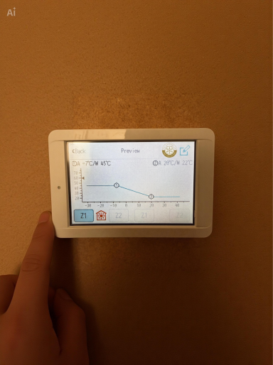 Heat Curve A hand holding a digital thermostat displaying a temperature graph.