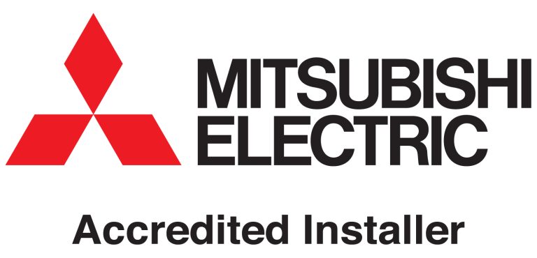 Mitsubishi Electric accredited installer logo featuring a red diamond emblem.